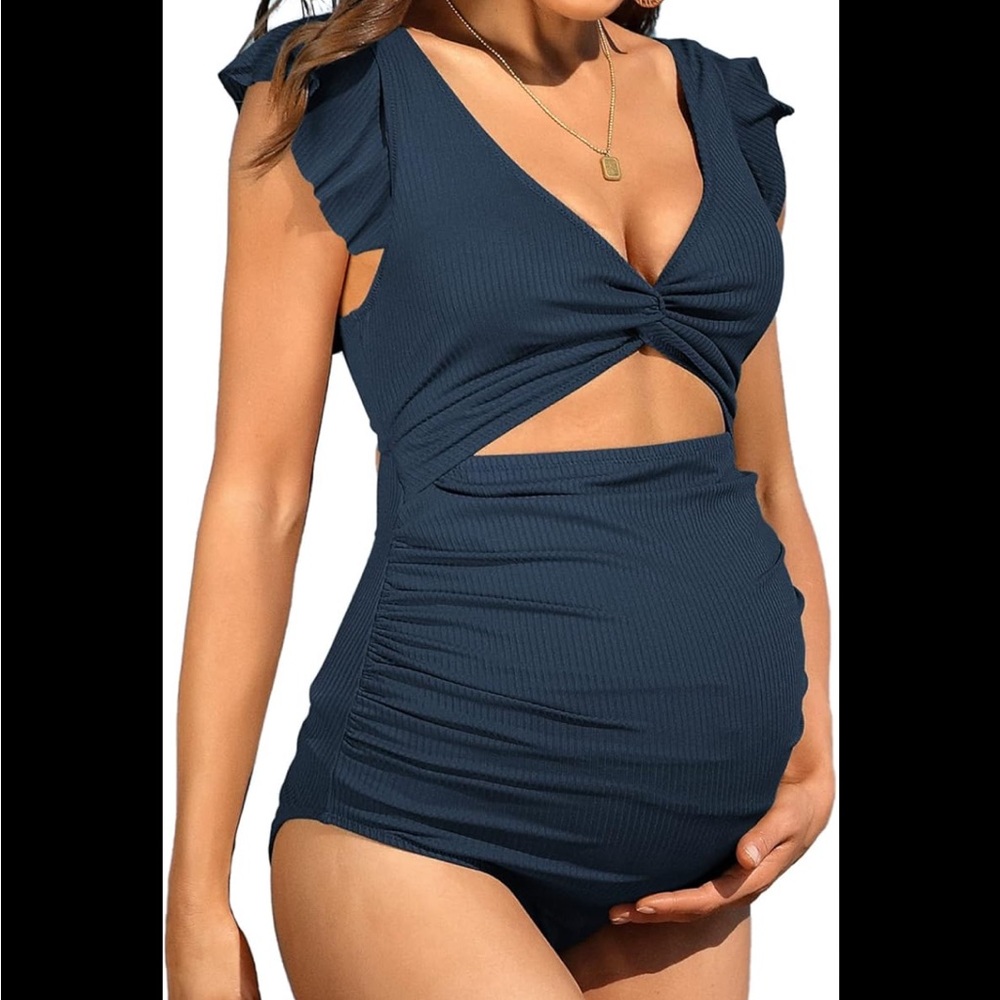 Charmo Ruffle Ribbed Maternity Swimsuit One Piece High Waisted Navy Blue M